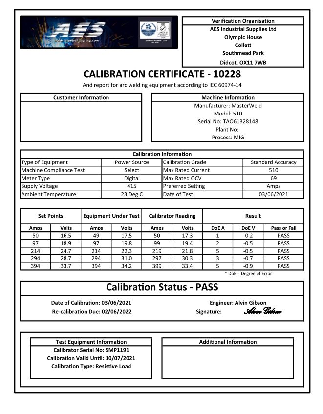 Welding Machine Calibration Certificate