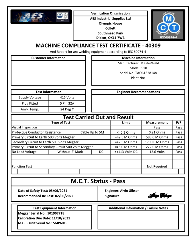 Machine Compliance Testing (MCT) Certificate